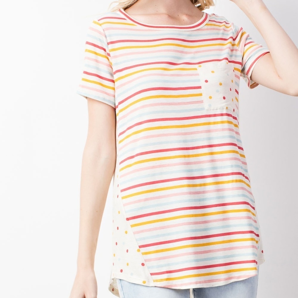 LINEN JERSY STRIPE & POLKADOT COLOR BLOCK KNIT TOP